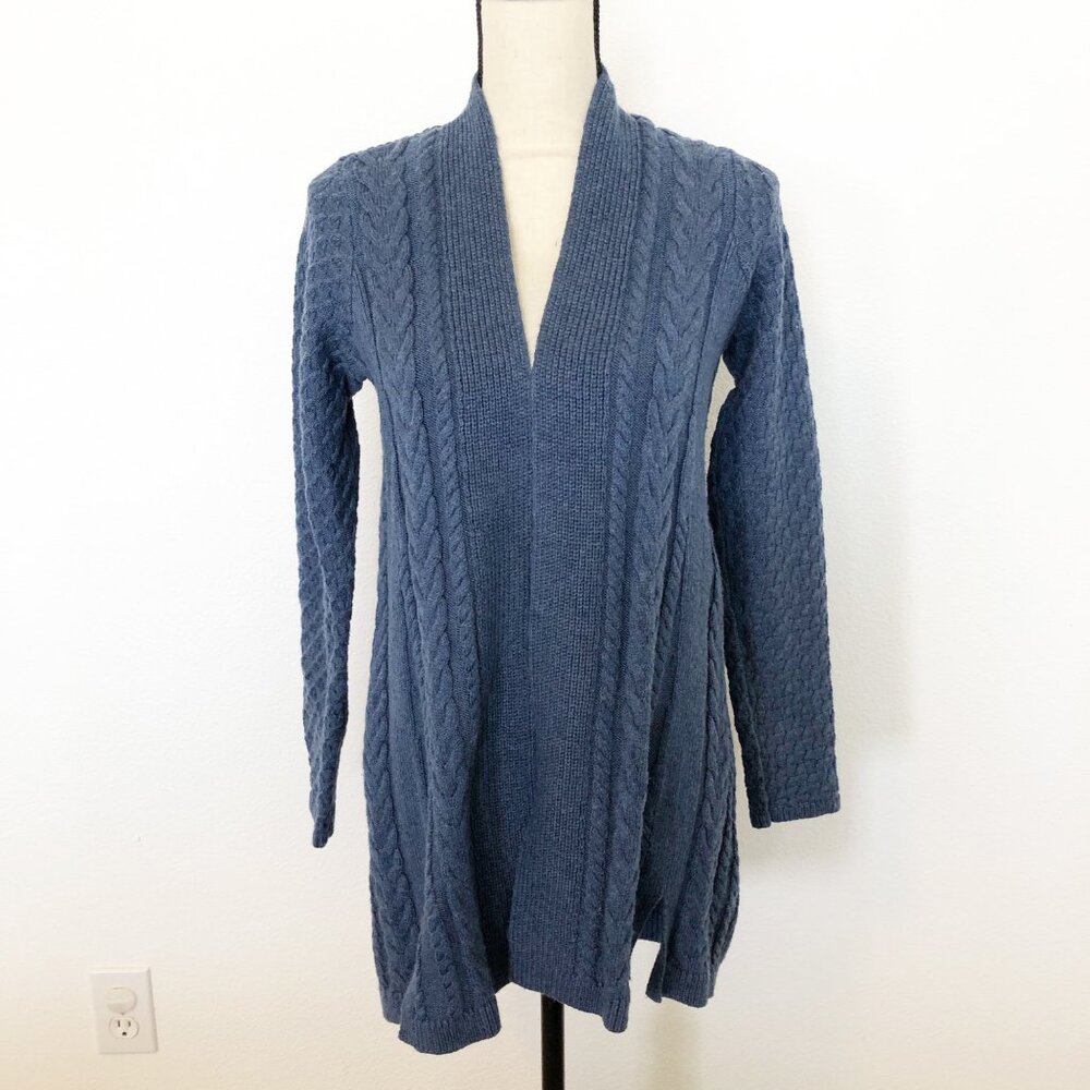 J. JILL Blue Open Front Cable Knit Longline Sweater Cardigan Womens XS